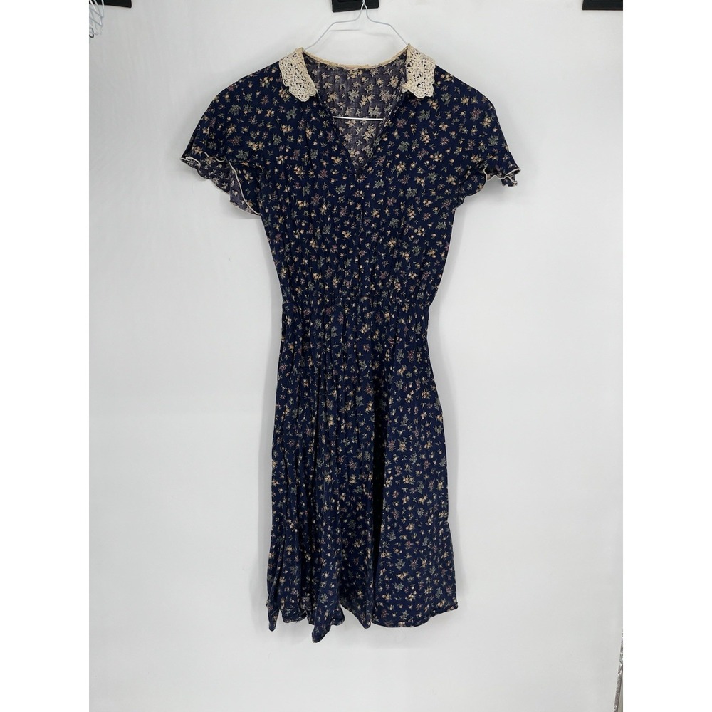 Vintage Floral Midi Dress‎ Flutter Sleeve Lace Collar Elastic Waist No Size/belt